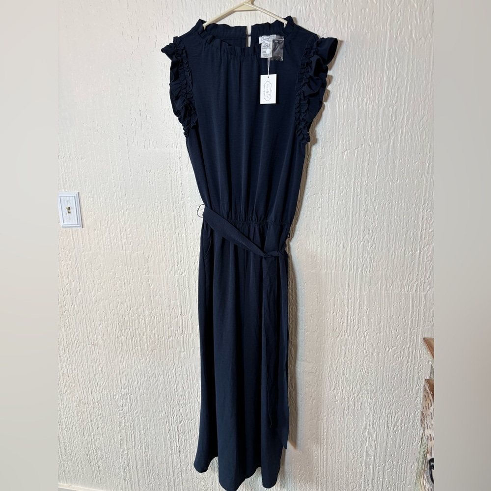 NWT Mud Pie Navy Arlette Wide-Leg Tie-Waist Jumpsuit Women Size Large - Picture 3 of 13